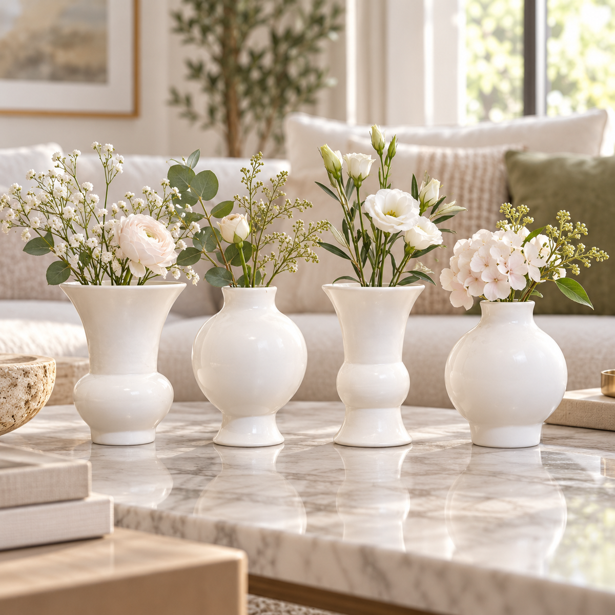 Four white ceramic bud vase holders arranged on a marble coffee table in a bright, modern living room, each filled with white and green flowers.
