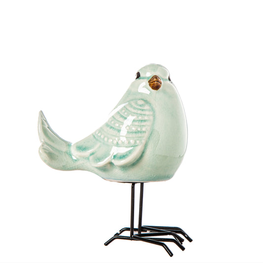 Porcelain Standing Bird Figurine with Open Beak and Metal Legs Design Gloss Finish