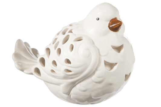Ceramic Sitting Bird Figurine with Brown Beak and Cutout Design Body Gloss Finish