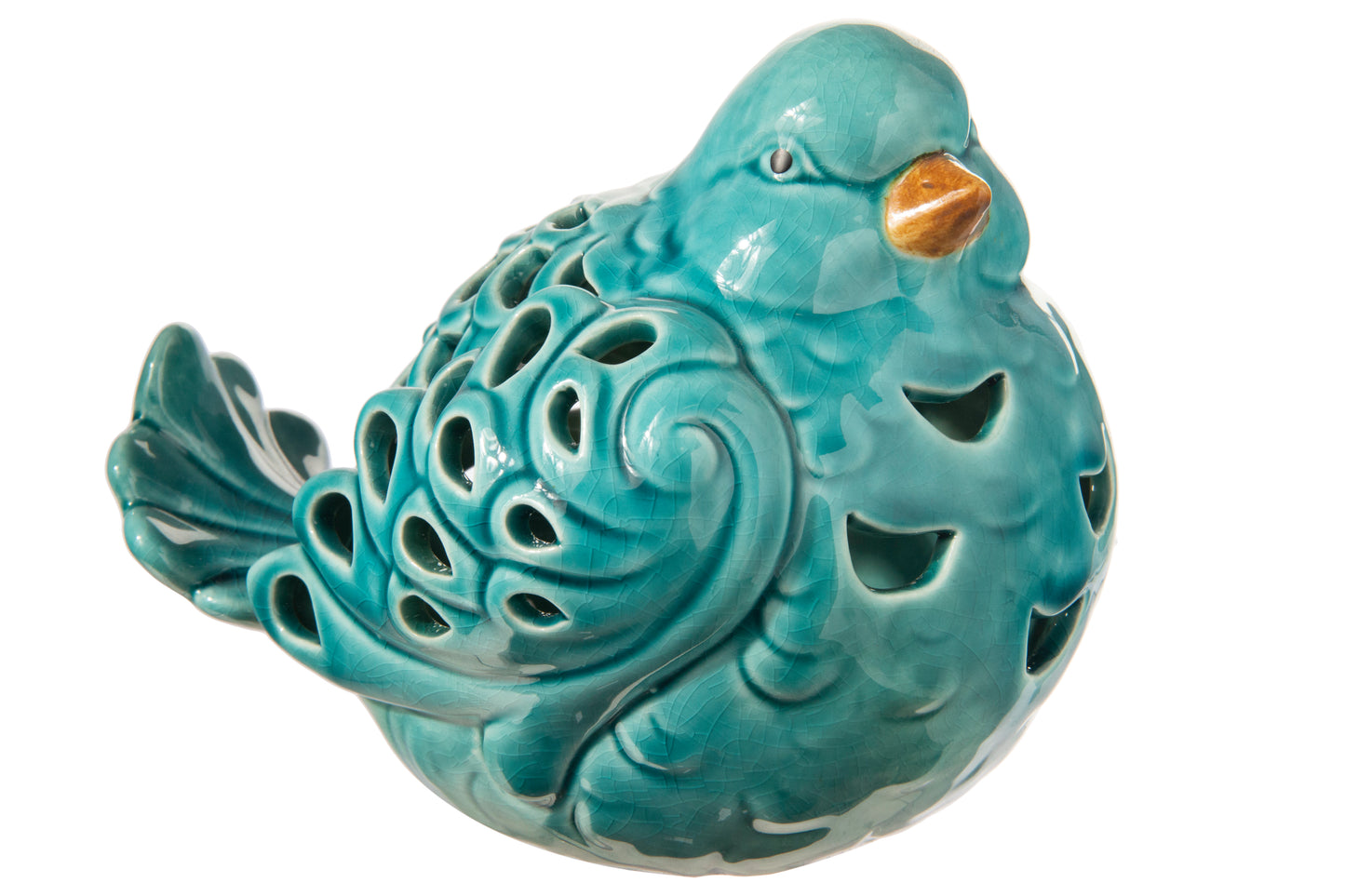 Ceramic Sitting Bird Figurine with Brown Beak and Cutout Design Body Gloss Finish