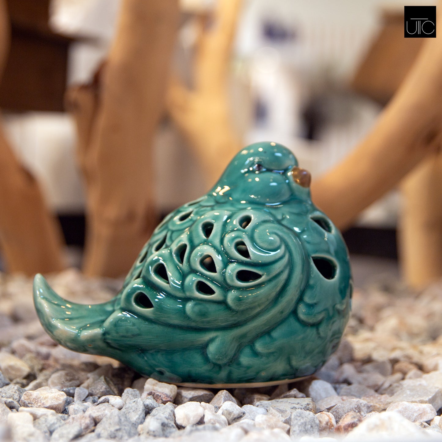 Ceramic Sitting Bird Figurine with Brown Beak and Cutout Design Body Gloss Finish