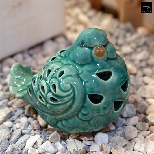 Ceramic Sitting Bird Figurine with Brown Beak and Cutout Design Body Gloss Finish