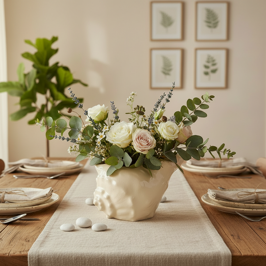 Decorative floral arrangement in a vase on a table with a neutral color scheme.
