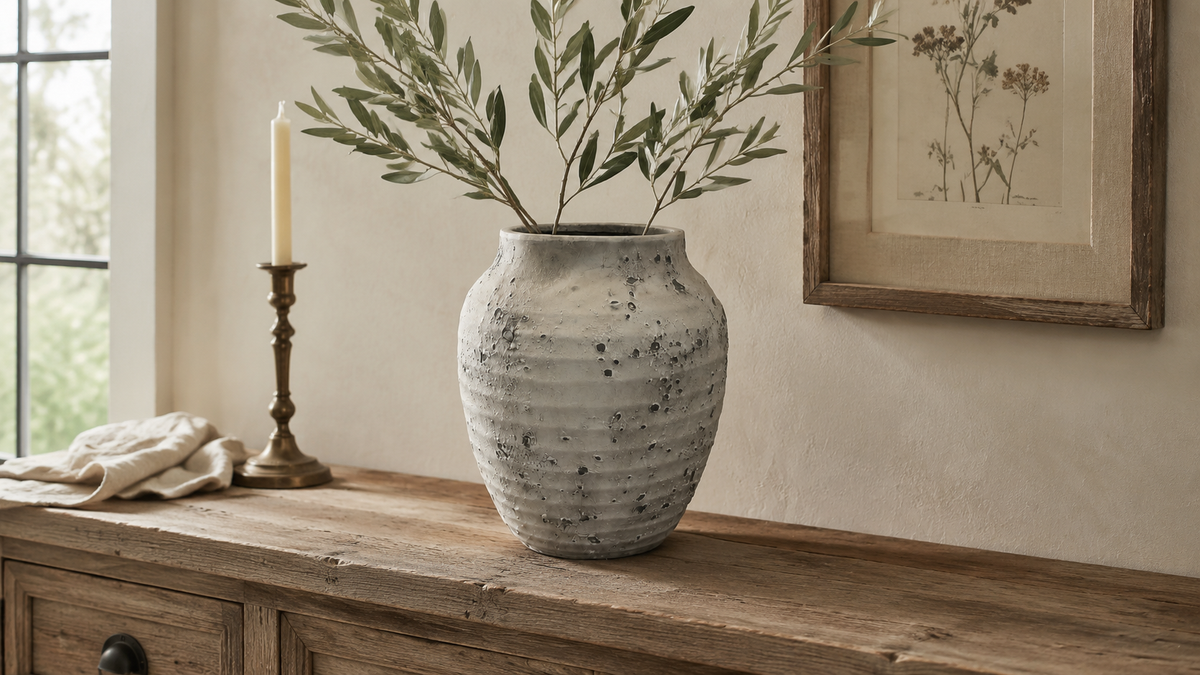 A textured, speckled gray ceramic vase filled with olive branches, displayed on a rustic wooden console table in a warm, neutral-toned room next to a candlestick and framed botanical art.