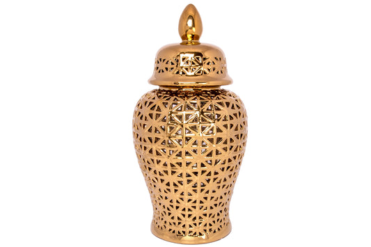 Ceramic Round Bellied Pierced Ginger/Temple Jar with Cutout Pattern Design Body LG Gloss Finish Gold