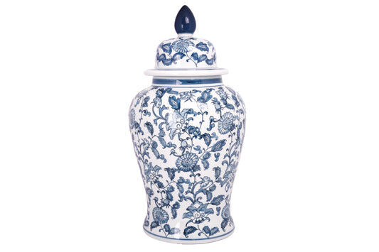 Ceramic Round Bellied Chinoiserie Ginger/Temple Jar with Azure Floral Design Body Gloss Finish Blue&White