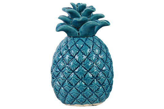 Ceramic Pineapple Figurine with Embossed Lattice Design Gloss Finish Blue