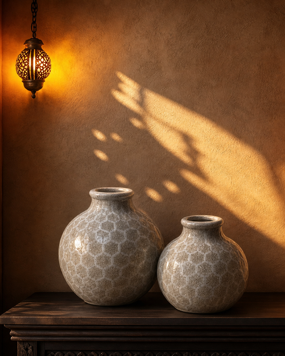 Two ceramic vases on a wooden shelf with warm lighting and shadows on a textured wall.