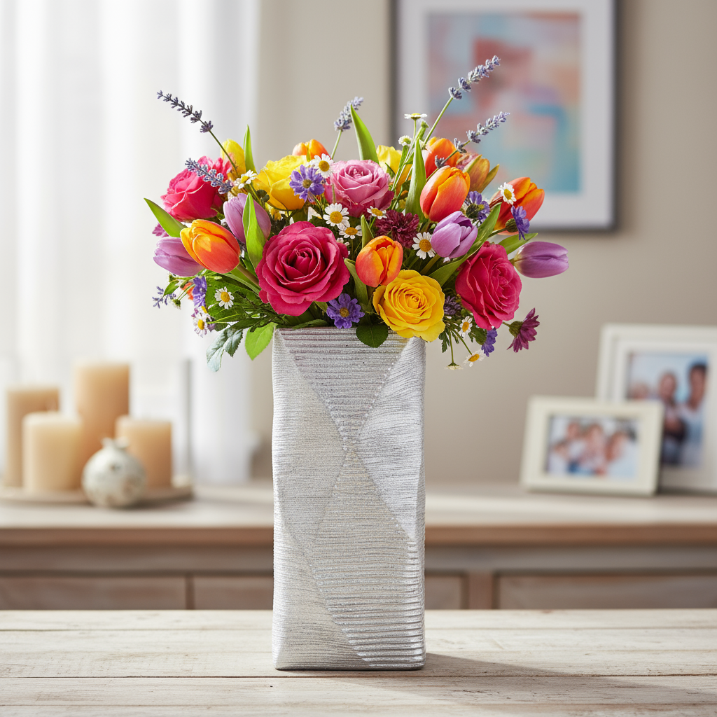 Jessalyn Ceramic Rectangular Vase with Brushed Geometric Pattern