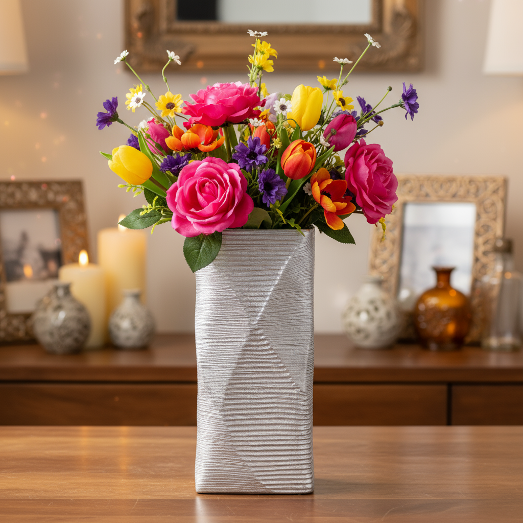 Jessalyn Ceramic Rectangular Vase with Brushed Geometric Pattern