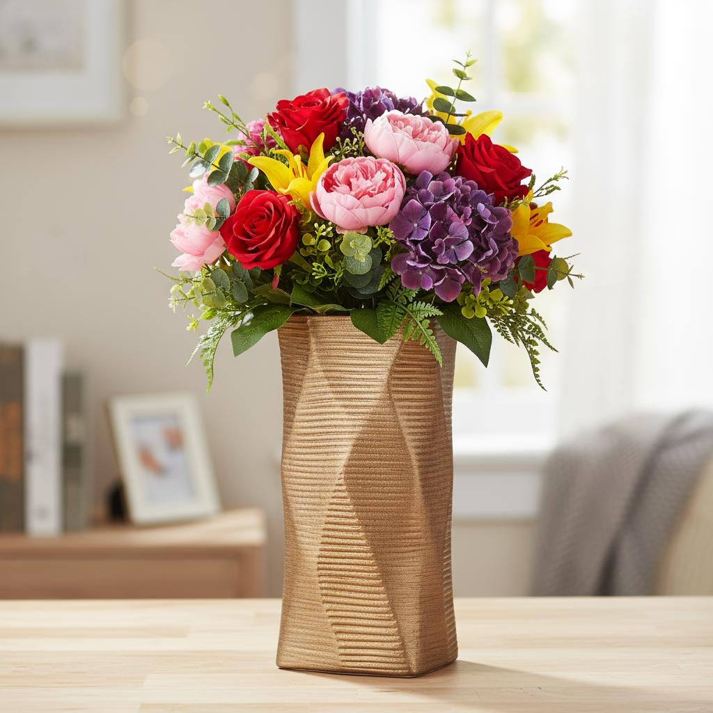 Jessalyn Ceramic Rectangular Vase with Brushed Geometric Pattern