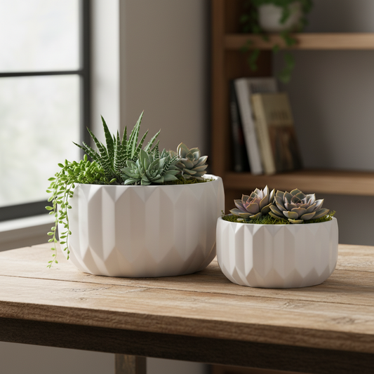 Two white geometric ceramic planters with succulents and small cacti, displayed on a wooden table in a softly lit room.