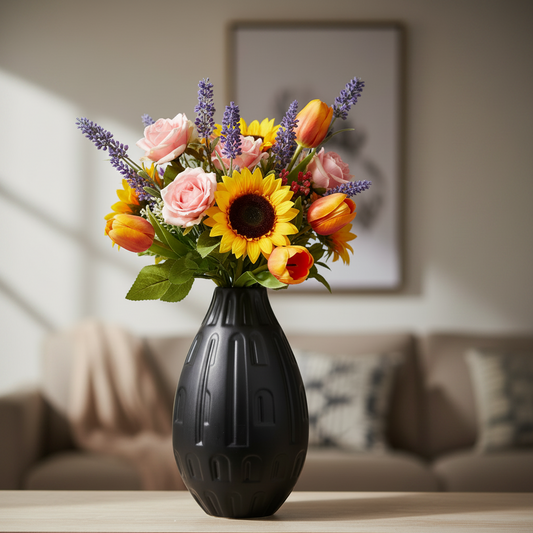 A vibrant artificial flower arrangement featuring a sunflower, pink roses, orange tulips, and purple lavender stems, presented in a ribbed black ceramic vase on a light wood table in a cozy, softly blurred living room setting.