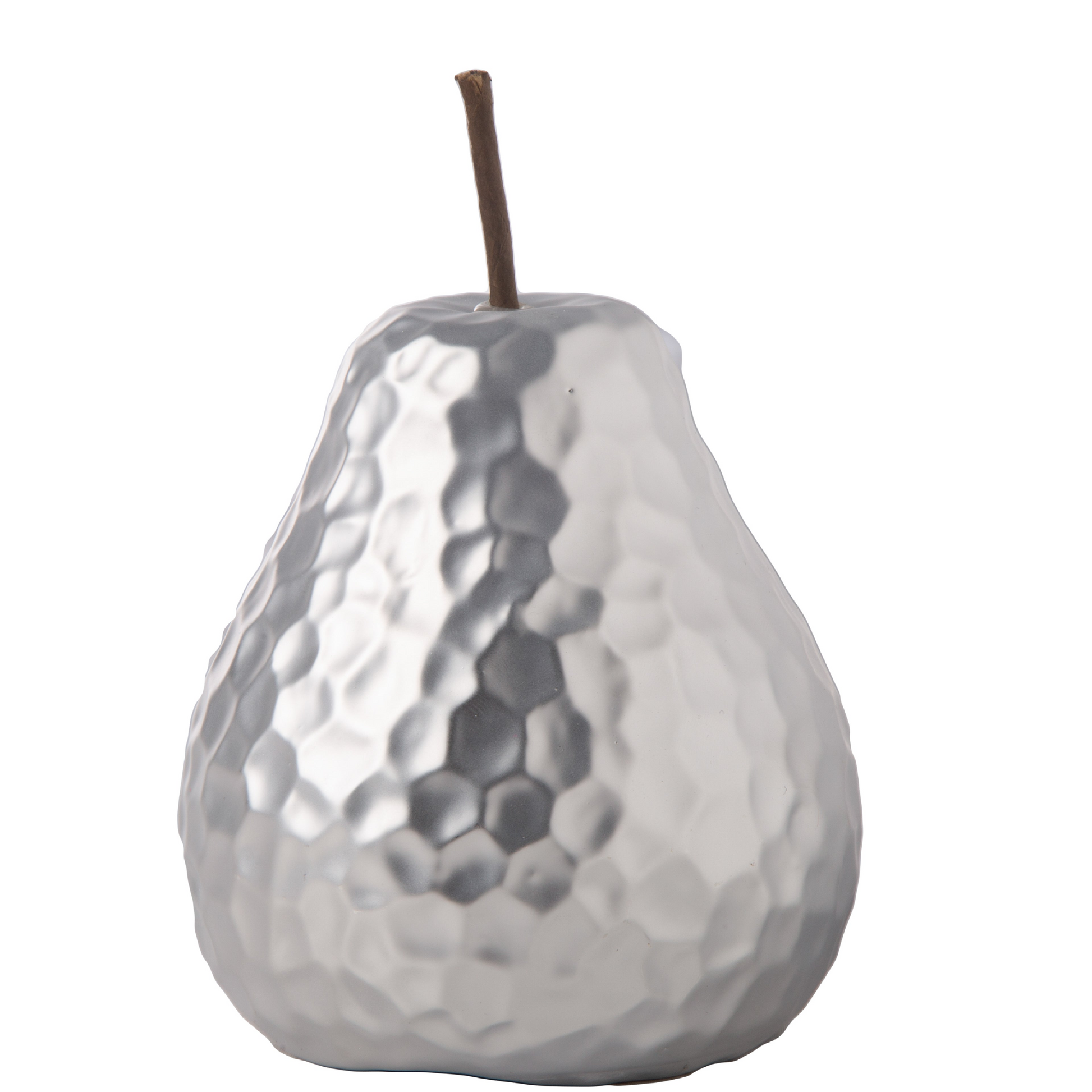 A silver ceramic pear figurine with a hammered design body and a matte finish.