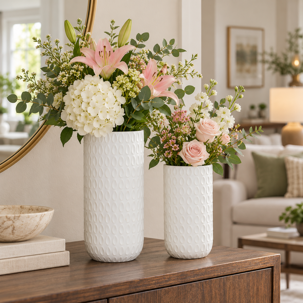 Two textured white ceramic vases filled with pink and white floral arrangements, displayed on a wooden console table in a bright, modern living room.
