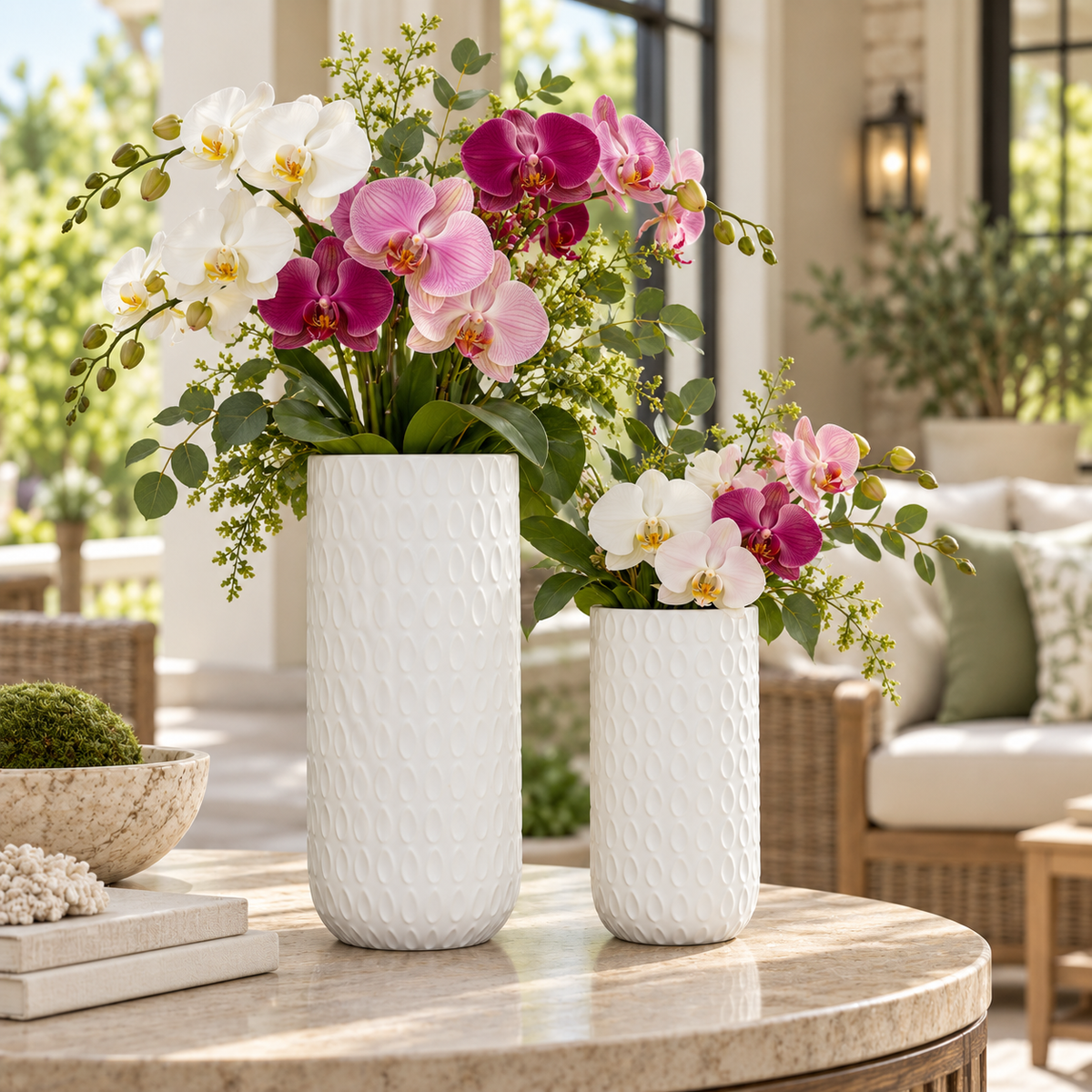 Two textured white ceramic flower vases filled with white, pink, and magenta orchids and green foliage, displayed on a round stone table in a bright, modern outdoor patio setting.