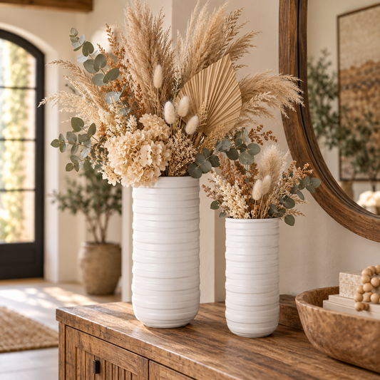 Two white ribbed ceramic vases filled with dried pampas grass, eucalyptus, and cream flowers, displayed on a wooden console table in a warm, styled interior.