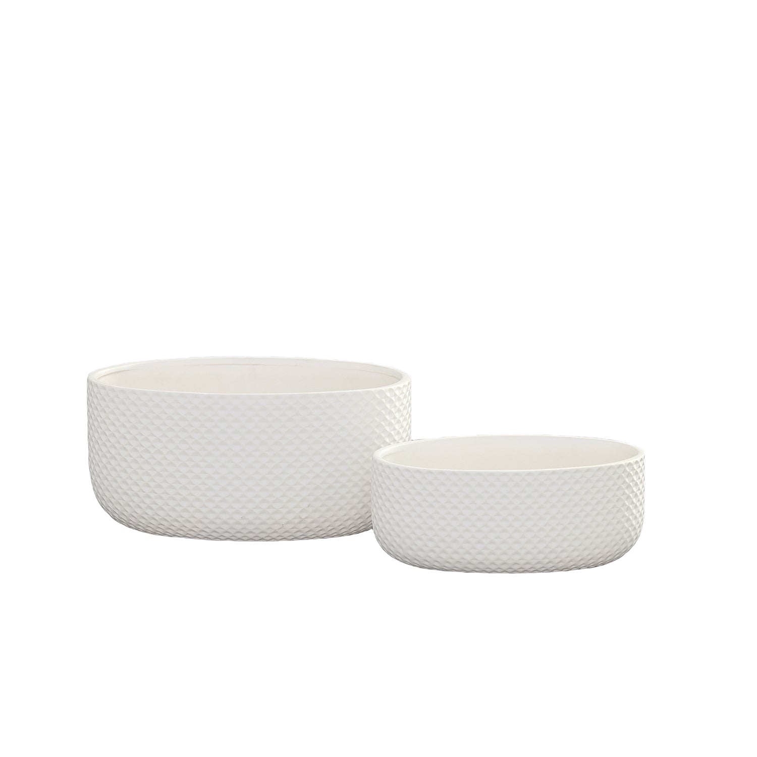 Two white textured planters on a white background