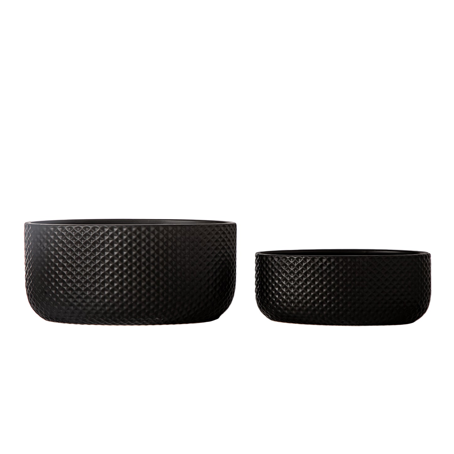 Two black textured planters on a white background