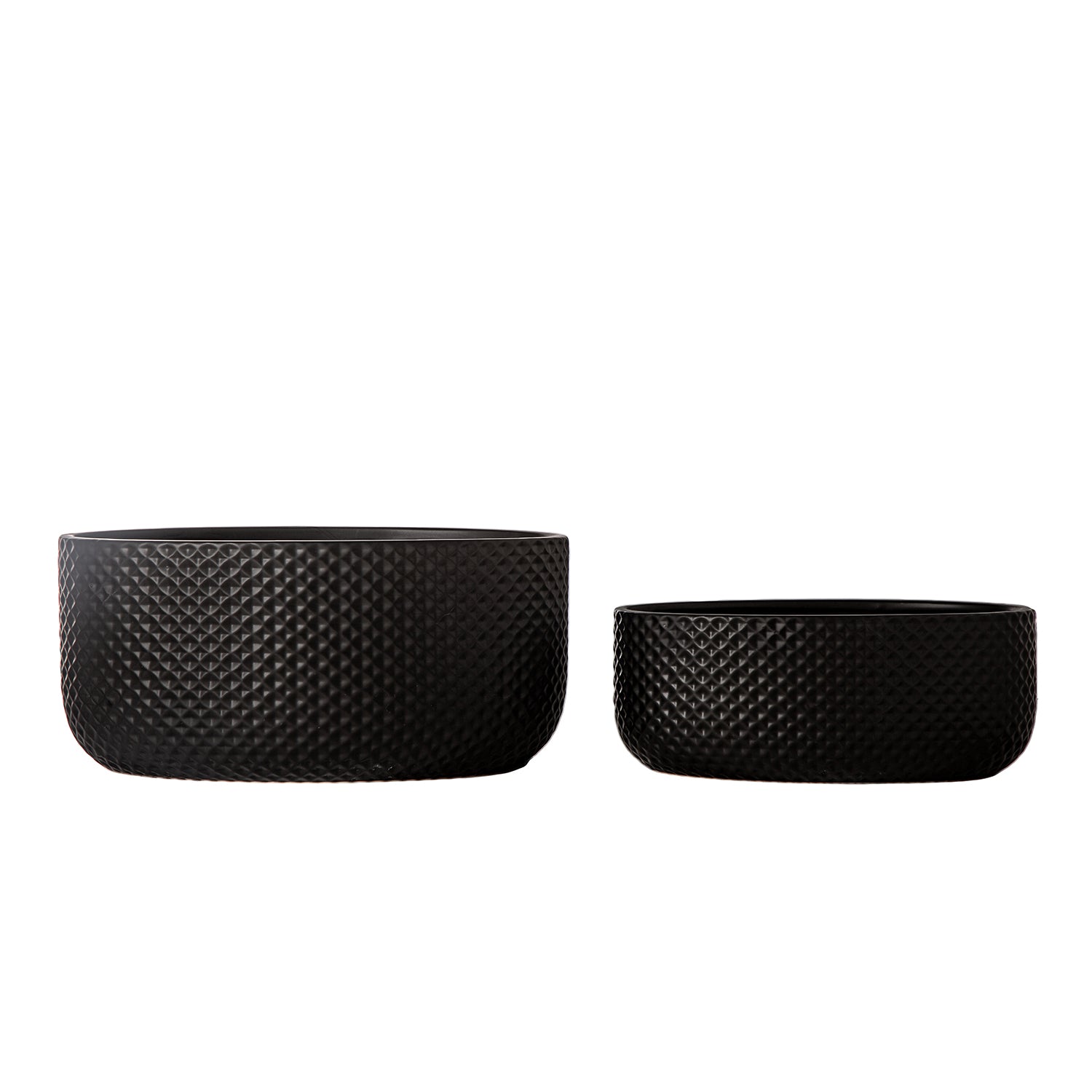 Two black textured planters on a white background