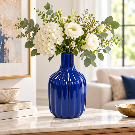 A cobalt blue ribbed ceramic vase filled with white flowers and green foliage, displayed on a marble table in a bright, modern living room.