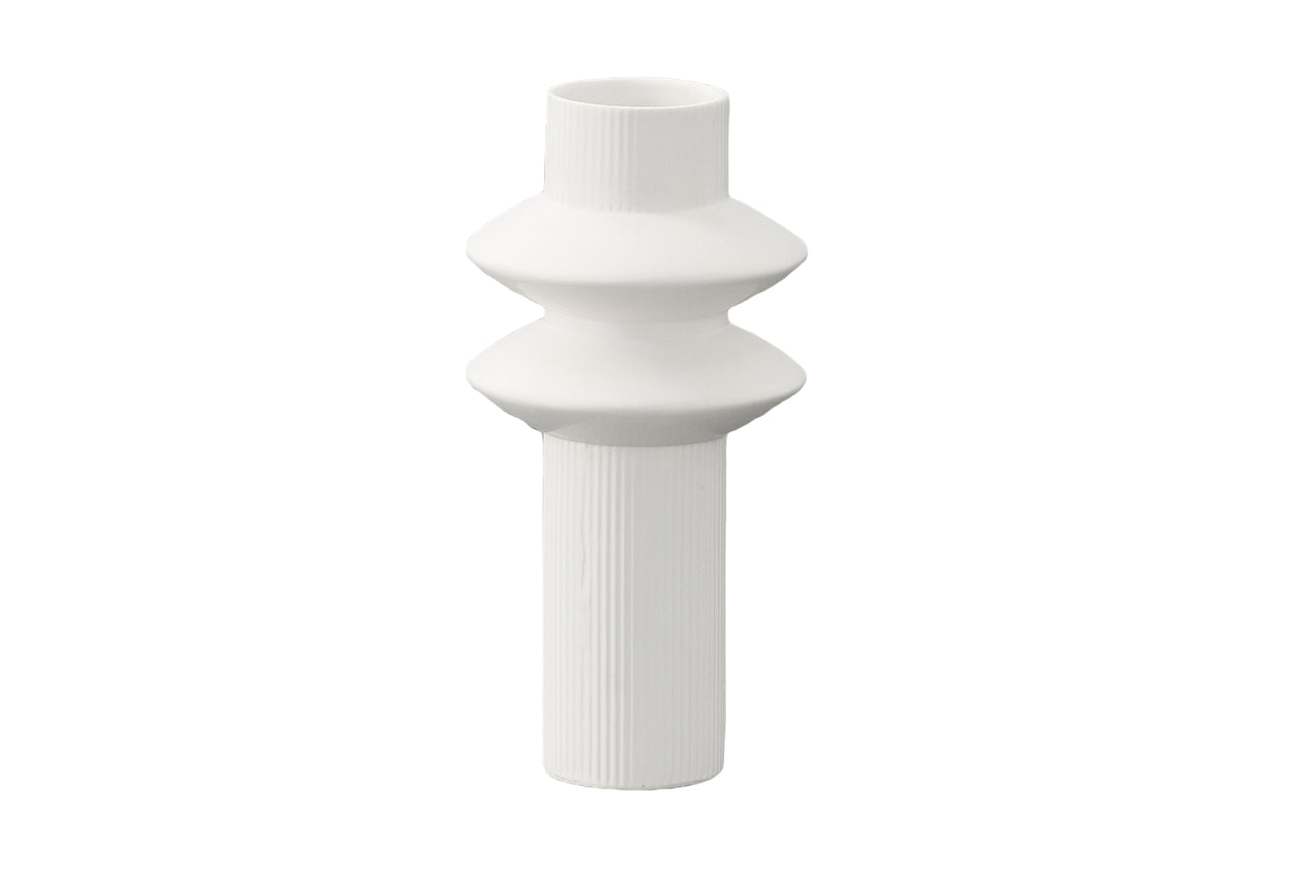 Ceramic Round Pipe Vase with Embossed Mid-Banded Saucers Design Body Matte Finish White
