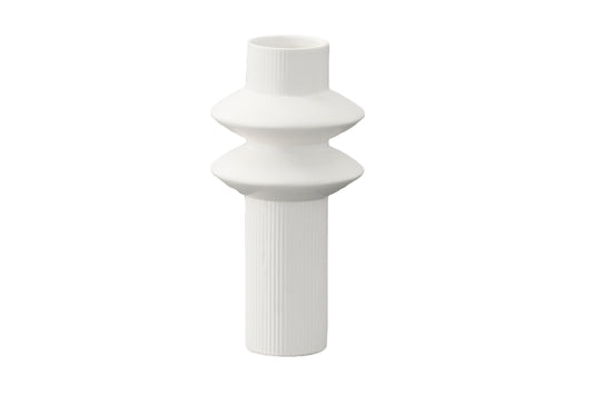 Ceramic Round Pipe Vase with Embossed Mid-Banded Saucers Design Body Matte Finish White