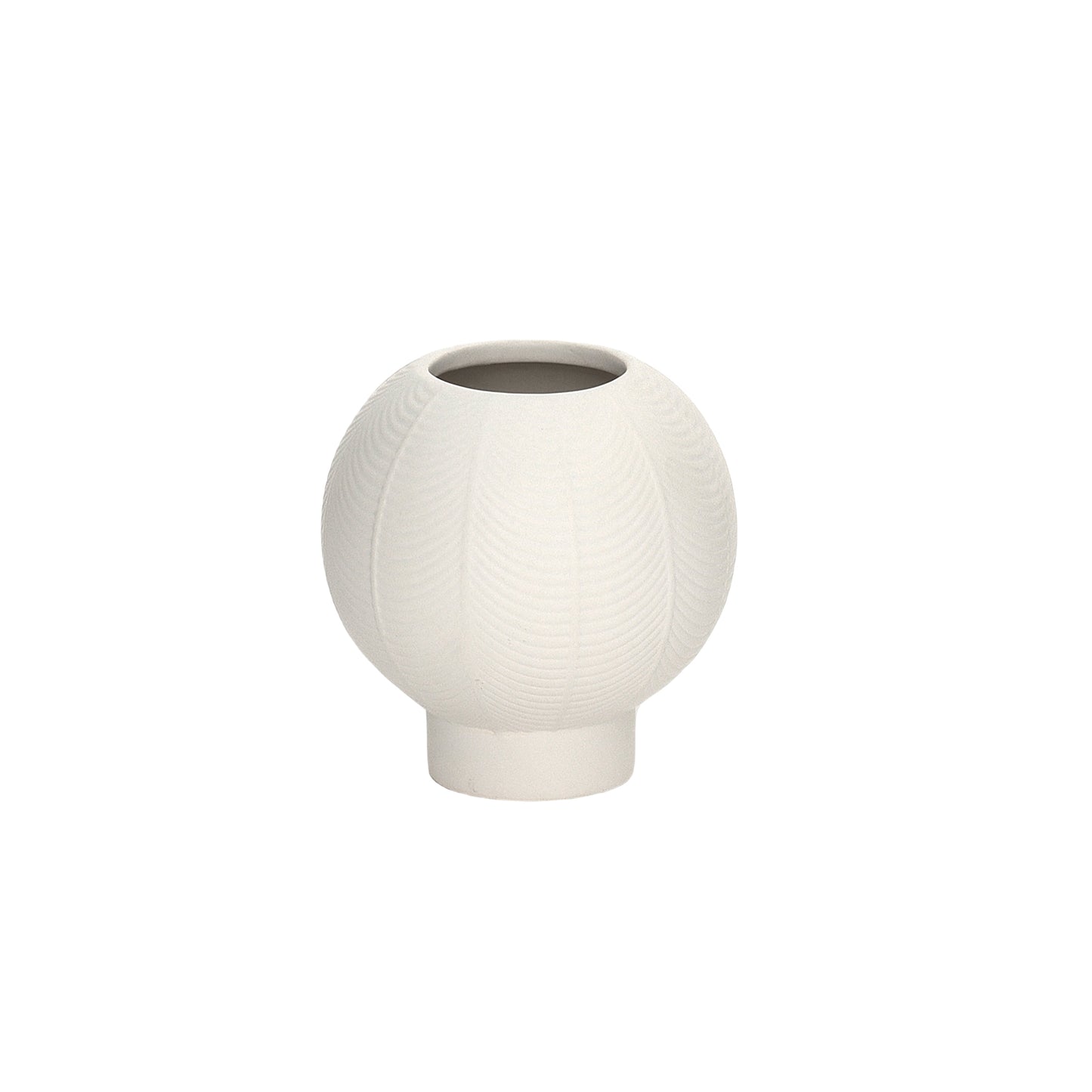 A matte white ceramic round vase with an embossed column and stripe design on the base.