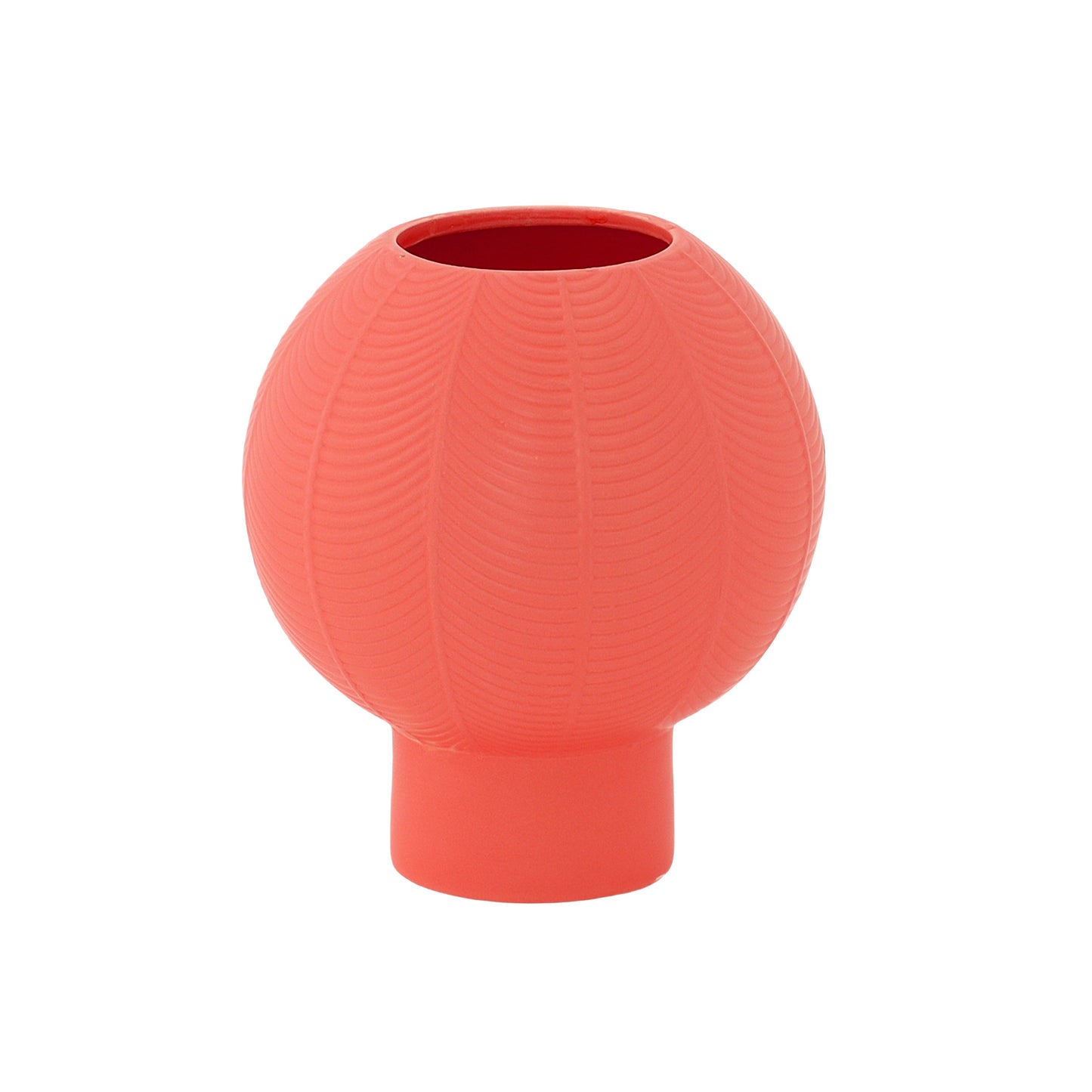 A matte white ceramic round vase with an embossed column and stripe design on the base.