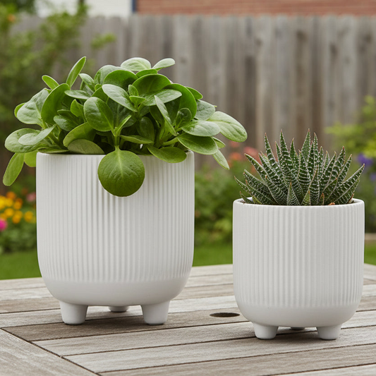 Vanya Ceramic Corrugated Pot on Tripod Stand (Set of 2)