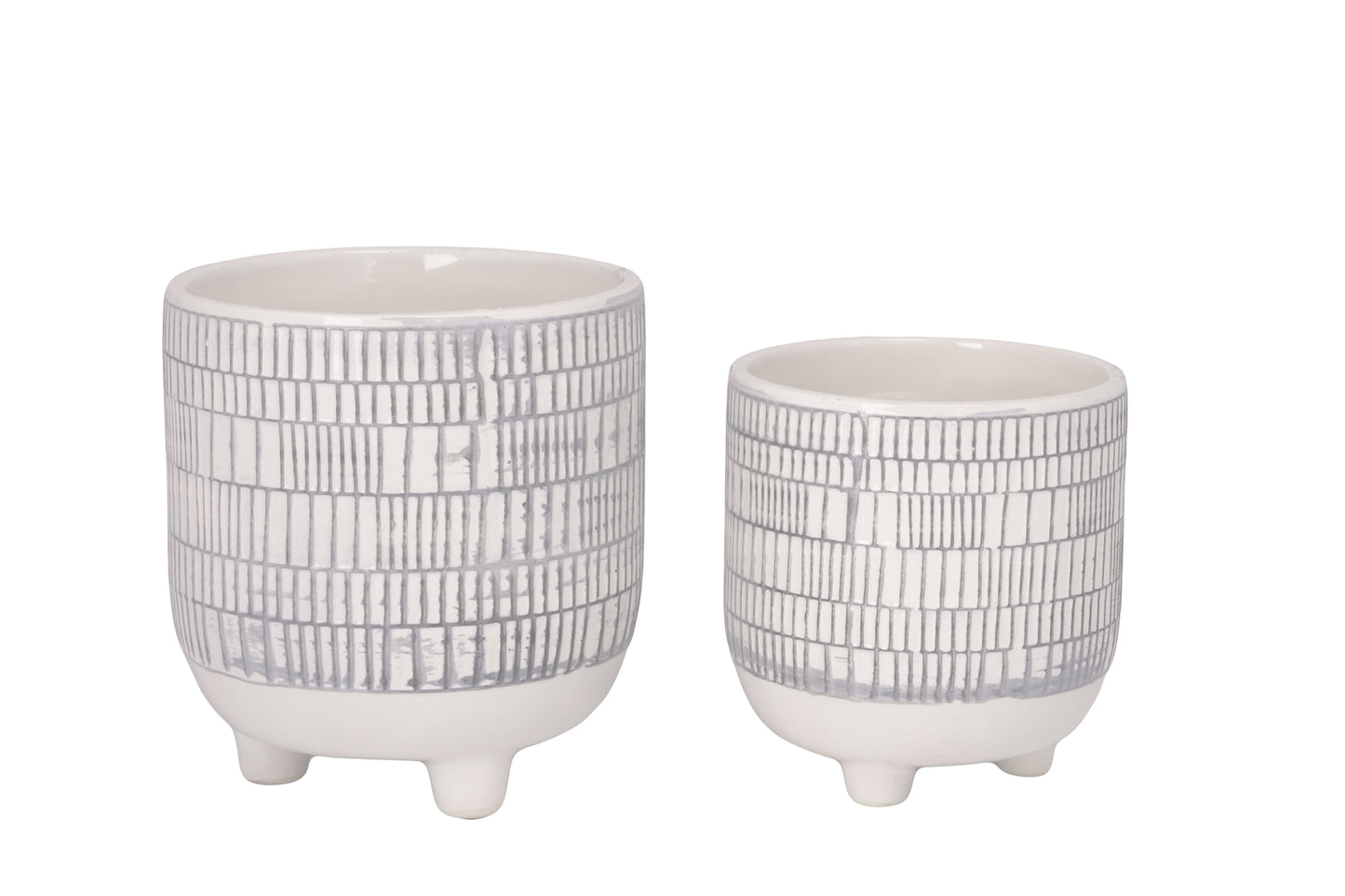Ceramic Round Pot with Embossed Seamless Checkered Pattern Design Body on Tripod Stand Set of Two Gloss Finish Baby Blue