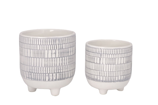 Ceramic Round Pot with Embossed Seamless Checkered Pattern Design Body on Tripod Stand Set of Two Gloss Finish Baby Blue