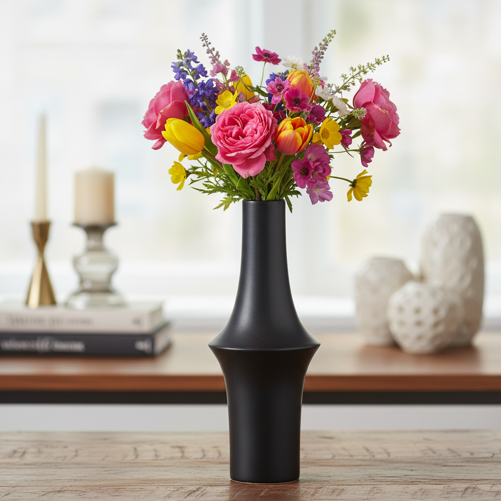 Juniper Ceramic Round Vase with Geometric Mid-Body Design