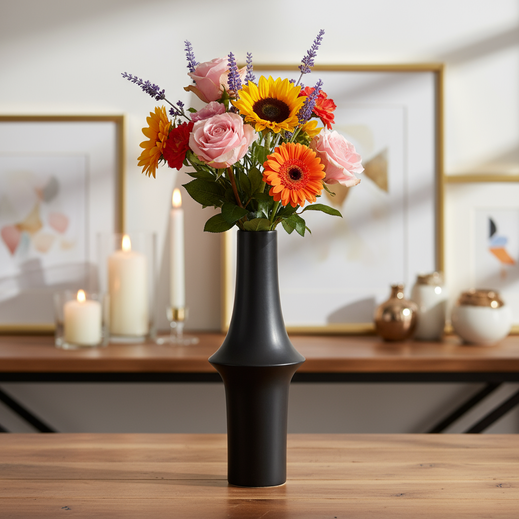 Juniper Ceramic Round Vase with Geometric Mid-Body Design