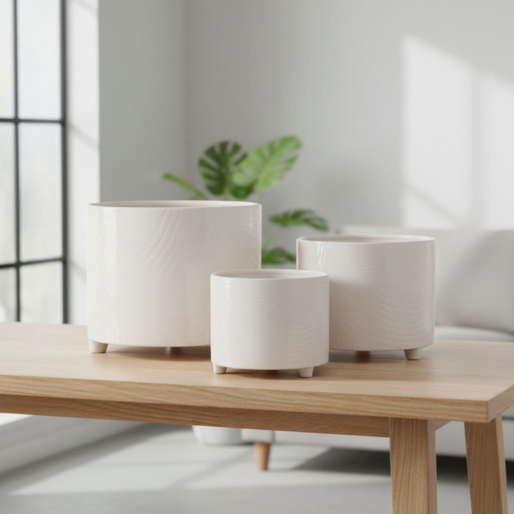 Three round off-white ceramic planters with a subtle woodgrain texture, displayed in a nested size progression on a light wooden table in a bright, modern room.