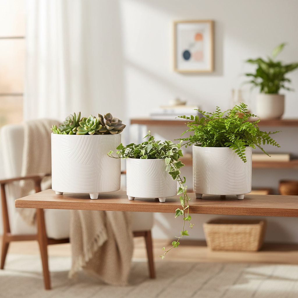Three white textured ceramic planters with small feet, containing green succulents and ferns, arranged on a wooden table in a bright, modern living room.