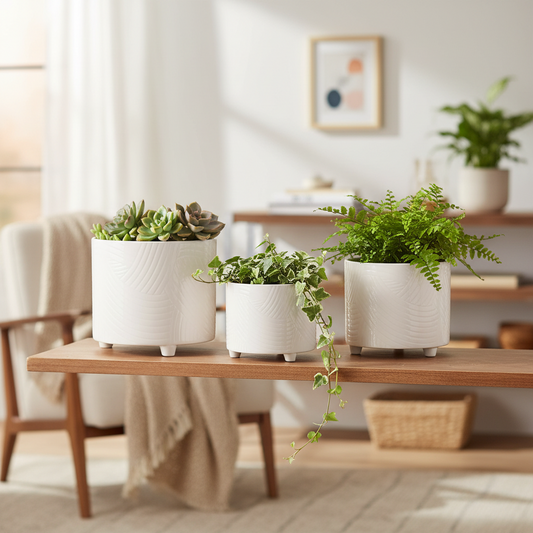 Three white textured ceramic planters with small feet, containing green succulents and ferns, arranged on a wooden table in a bright, modern living room.
