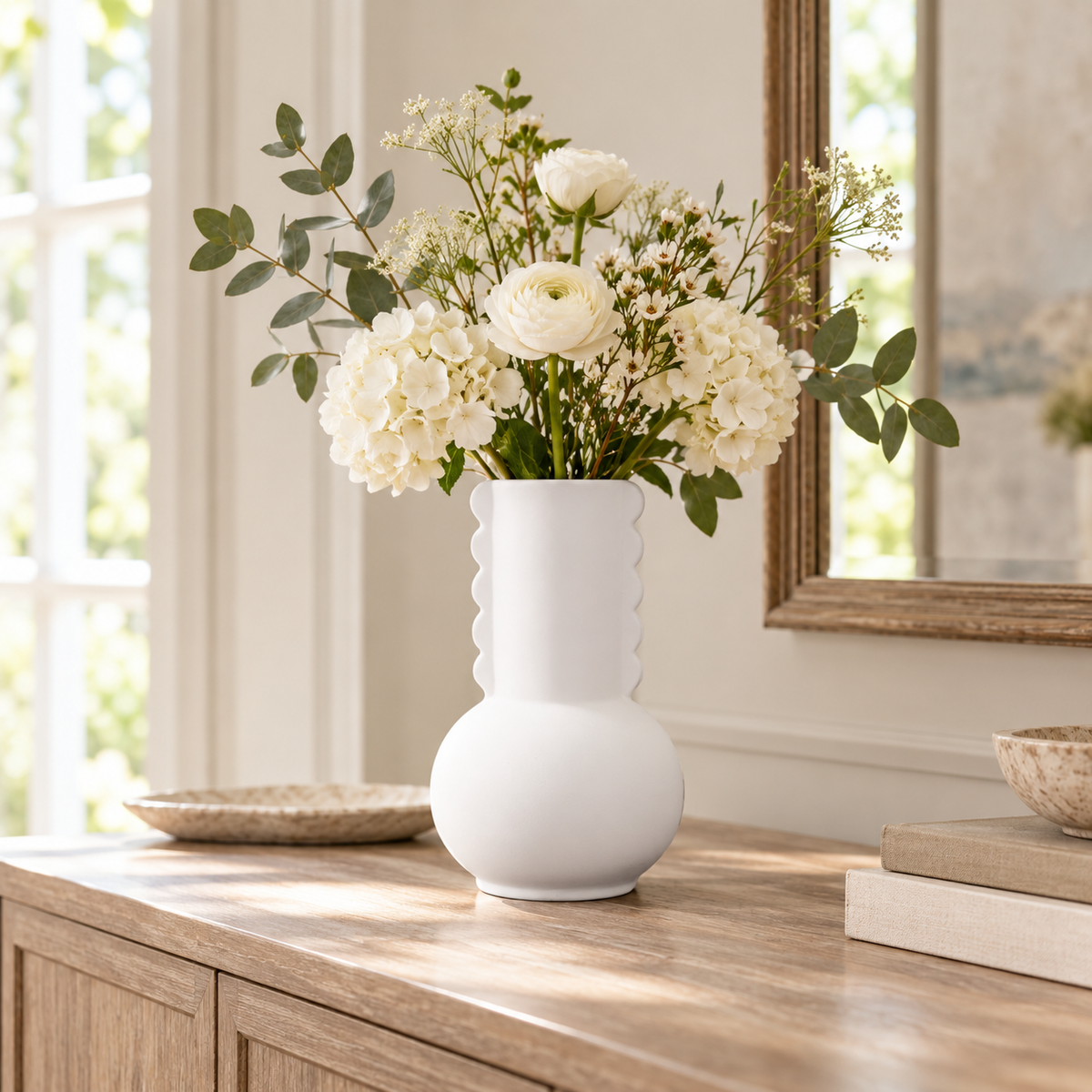 A white ceramic vase with a scalloped neck and rounded base, filled with white flowers and green foliage, displayed on a wooden console table in a bright, neutral room.