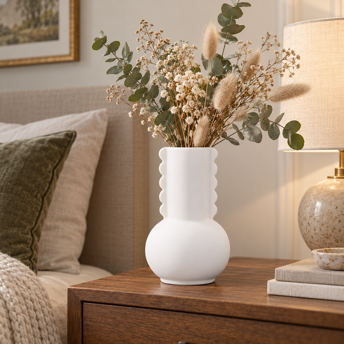 A white ceramic vase with a scalloped flared rim sits on a wooden nightstand in a styled bedroom setting, filled with dried grasses and eucalyptus stems. A lamp, books, pillows, and a bed are visible in the background.