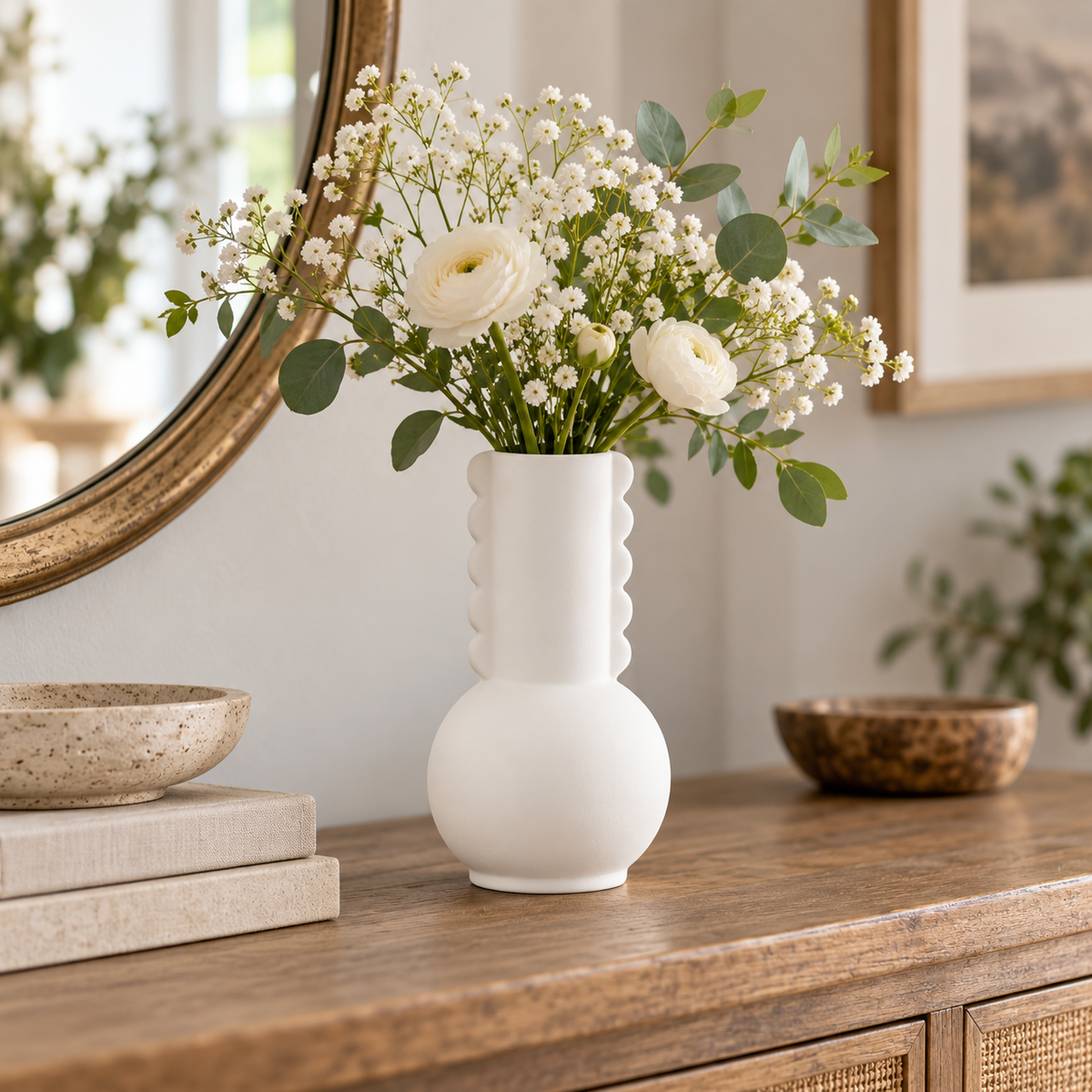 A white ceramic vase with a scalloped neck and rounded base, filled with white ranunculus and baby's breath flowers with green eucalyptus leaves, displayed on a wooden console table in a styled interior setting.