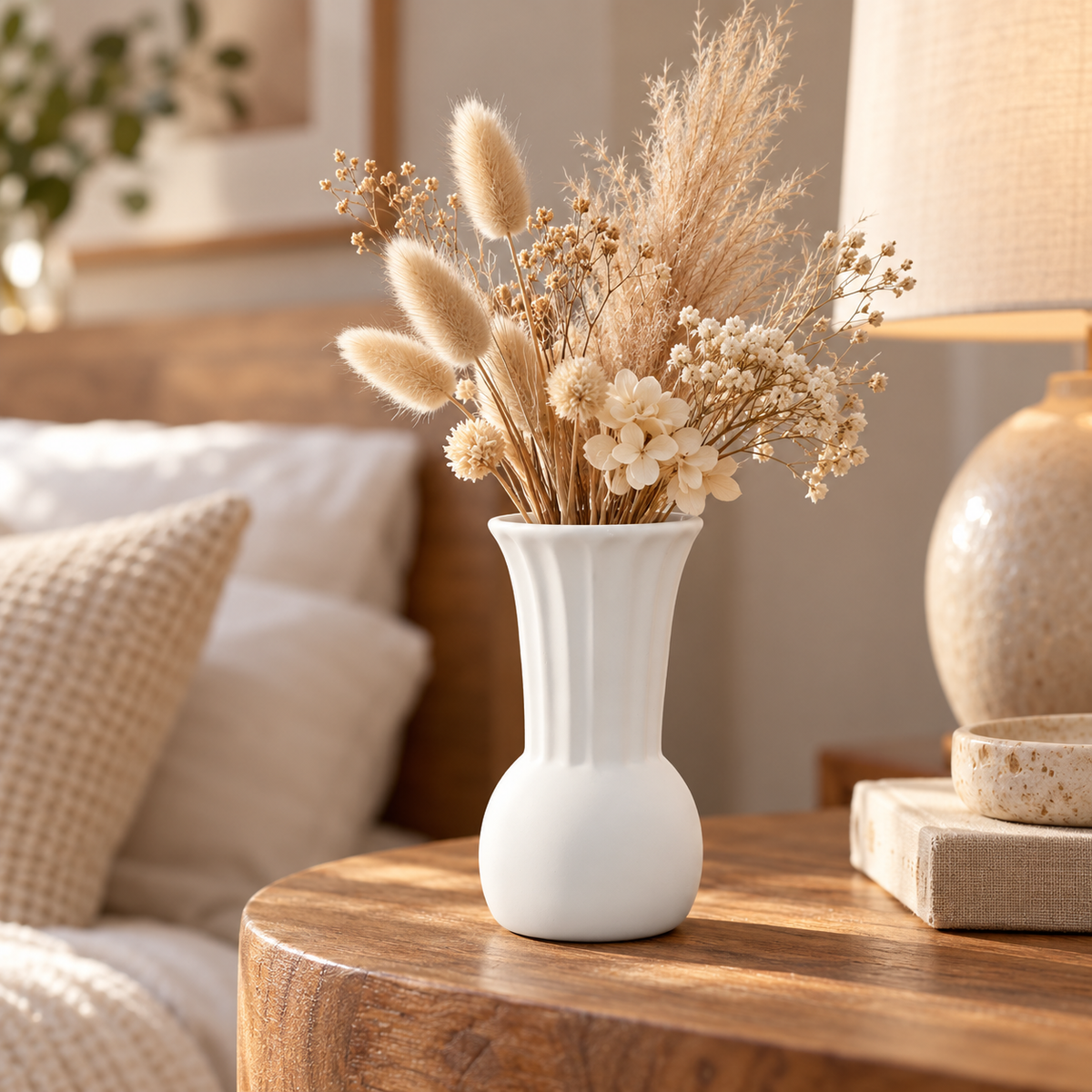 A white ceramic vase filled with dried beige grasses and small cream flowers, styled on a wooden bedside table next to a lamp in a softly lit bedroom setting.