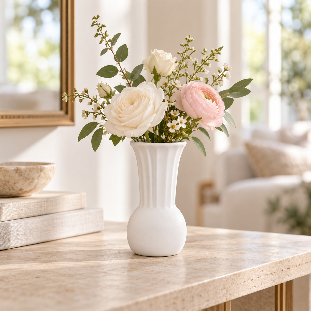 A white ribbed ceramic vase filled with a floral arrangement of white and blush pink roses, green foliage, and small white daisies, displayed on a light wood console table in a bright, softly blurred living room.
