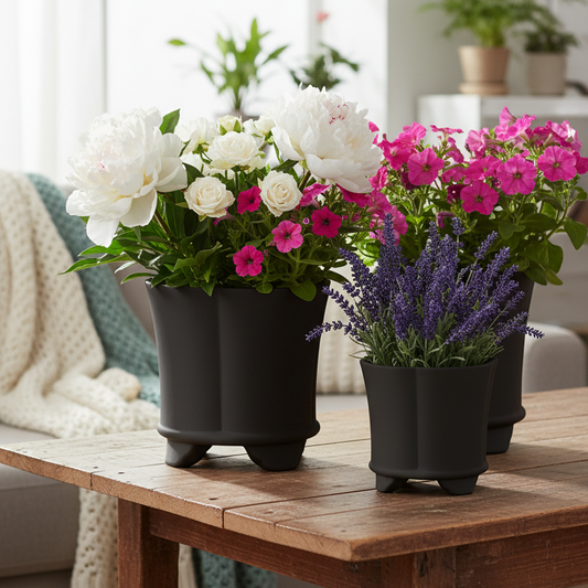 Three black plastic flower pots arranged on a wooden table in a bright living room. The left pot holds large white peonies and small pink flowers, the middle pot holds bright pink flowers, and the right pot holds purple lavender.