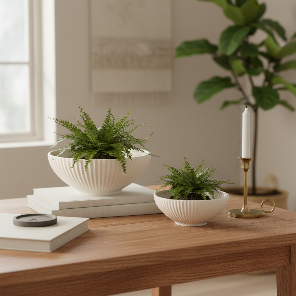 Two white ribbed ceramic planters with green ferns, styled on a wooden table alongside a brass candlestick, books, and a small clock in a bright, modern room.