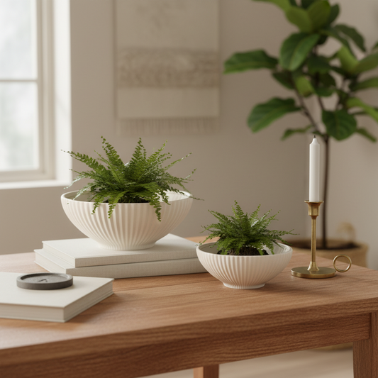 Two white ribbed ceramic planters with green ferns, styled on a wooden table alongside a brass candlestick, books, and a small clock in a bright, modern room.