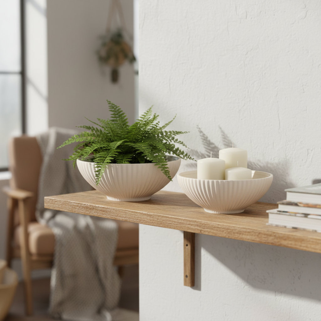A wooden wall-mounted shelf in a bright, modern room, styled with a ribbed cream ceramic bowl holding a green fern and another ribbed cream ceramic bowl holding three white pillar candles.