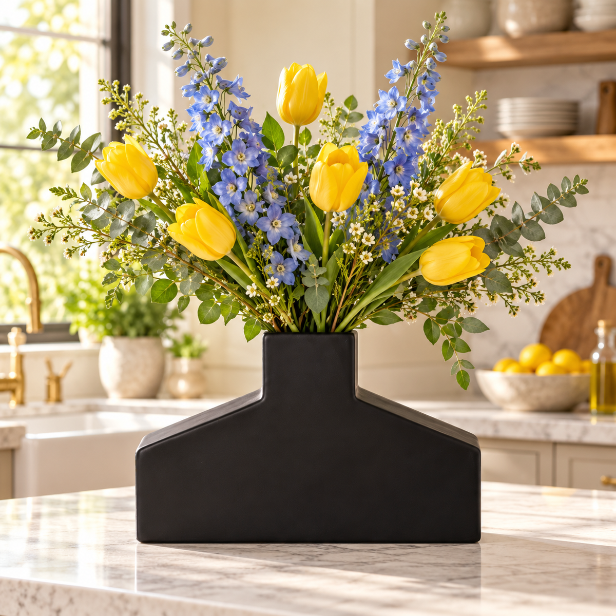 A black ceramic vase with a modern house-shaped base, filled with a spring floral arrangement of yellow tulips, blue delphiniums, and green eucalyptus, set on a white marble kitchen countertop.