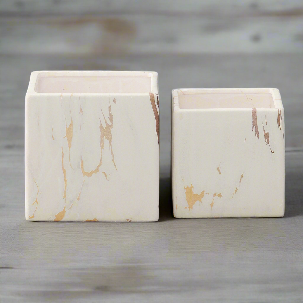 Rosair Ceramic Square Marble Planter Set (Set of 2)