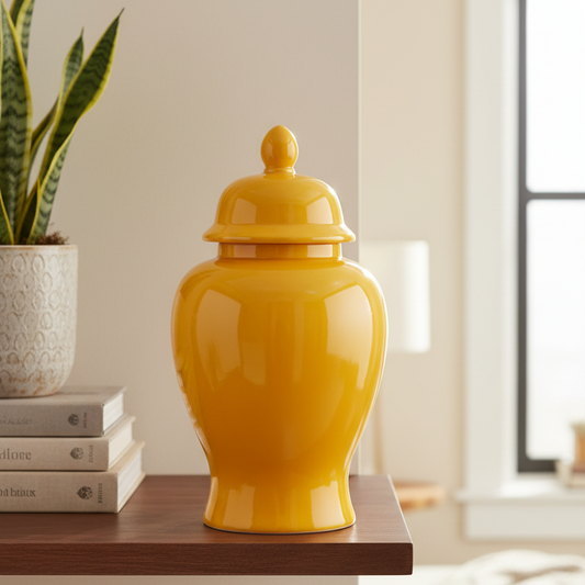 A glossy yellow ceramic lidded jar with a pointed finial top, displayed on a wooden shelf in a modern, softly lit room next to a potted snake plant and books.