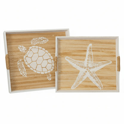 A set of two brown wooden trays, one with a turtle design and the other with a starfish design.